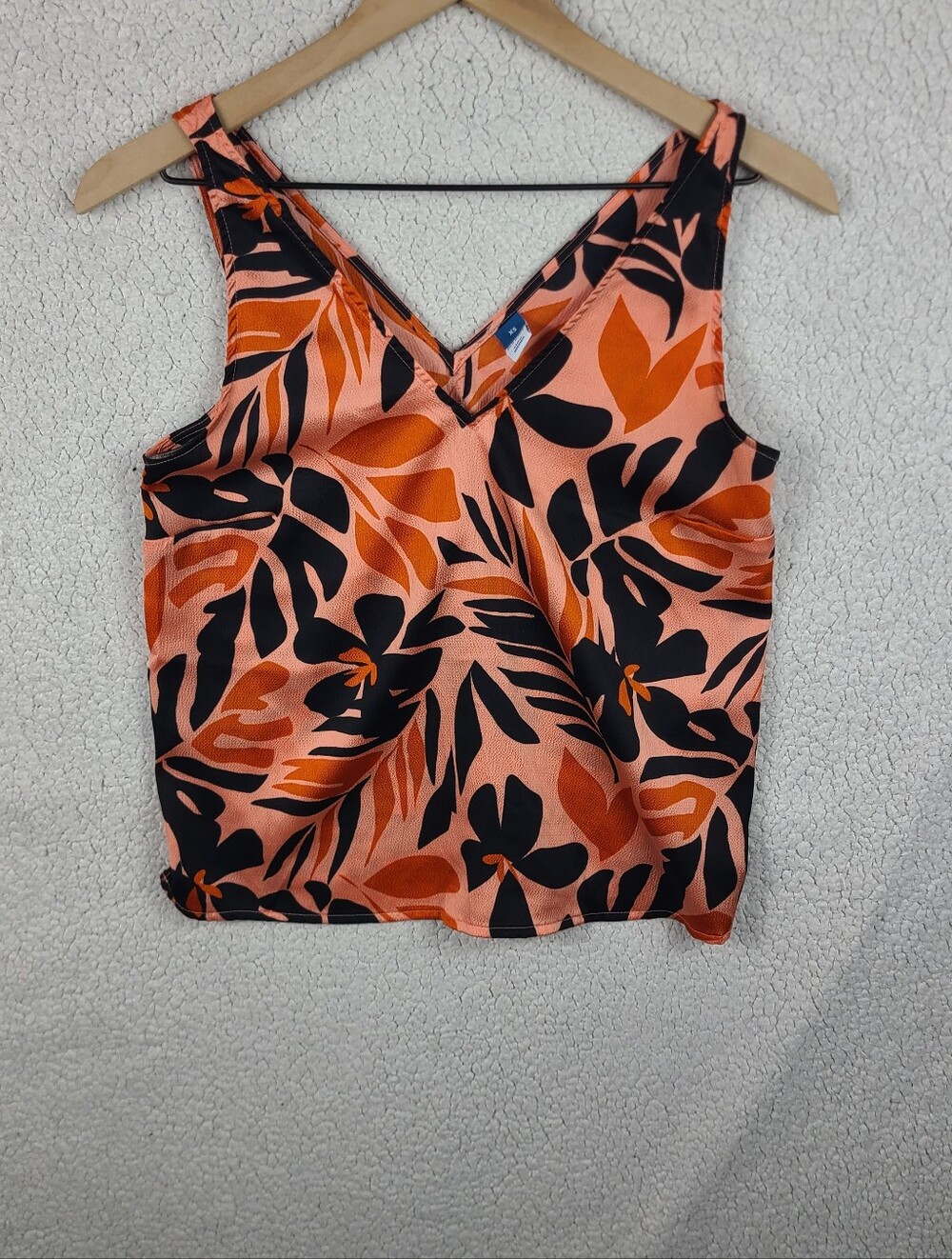 Old Navy Tropical Floral Satin V Neck Tank Top Peach Navy XS